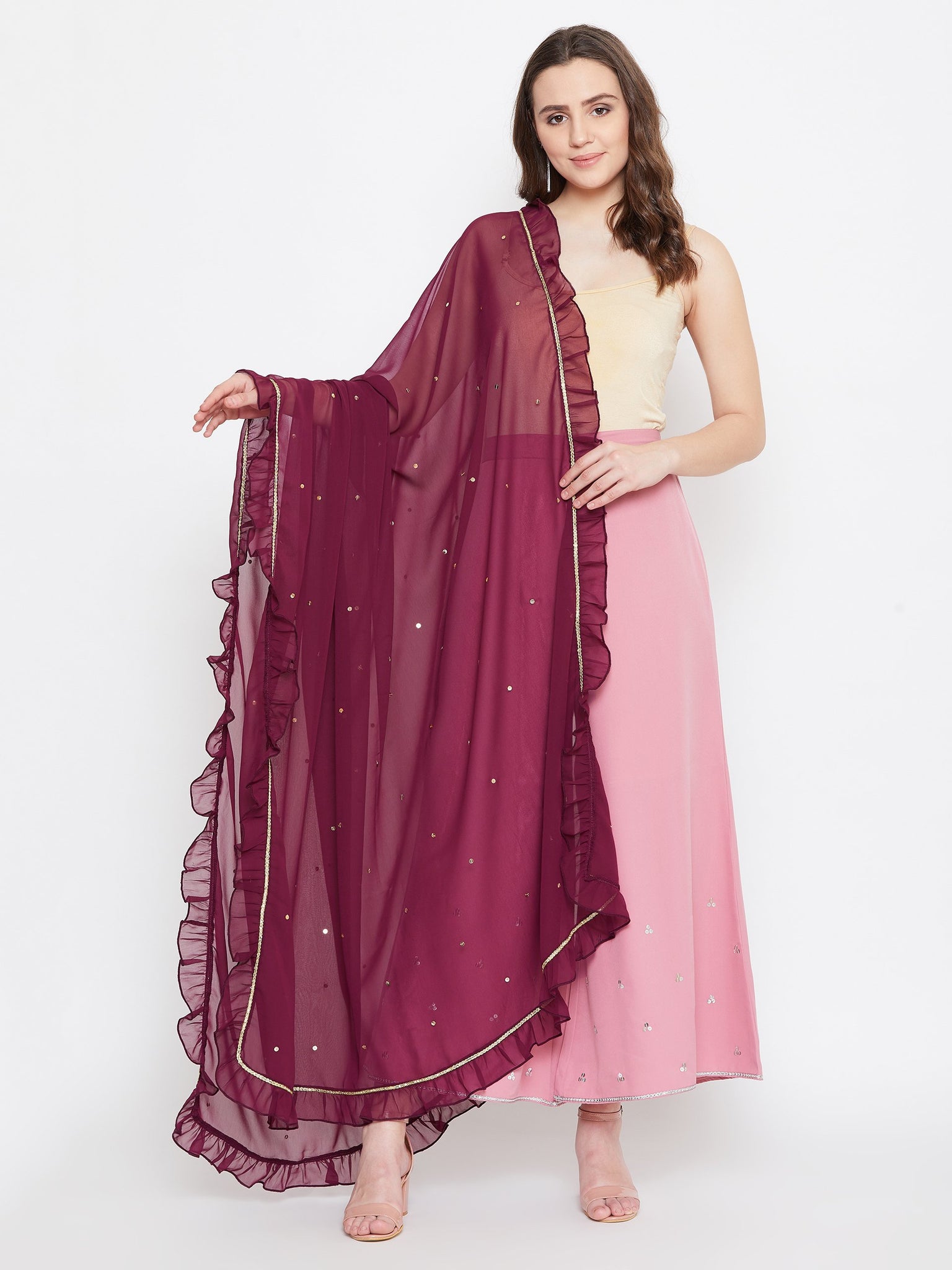 Burgundy Hand Sequinned Ruffled Dupatta (Sku- BLJM20203).