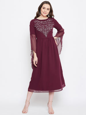 Burgundy Hand Sequinned Flared Dress (Sku-BLJM20220).