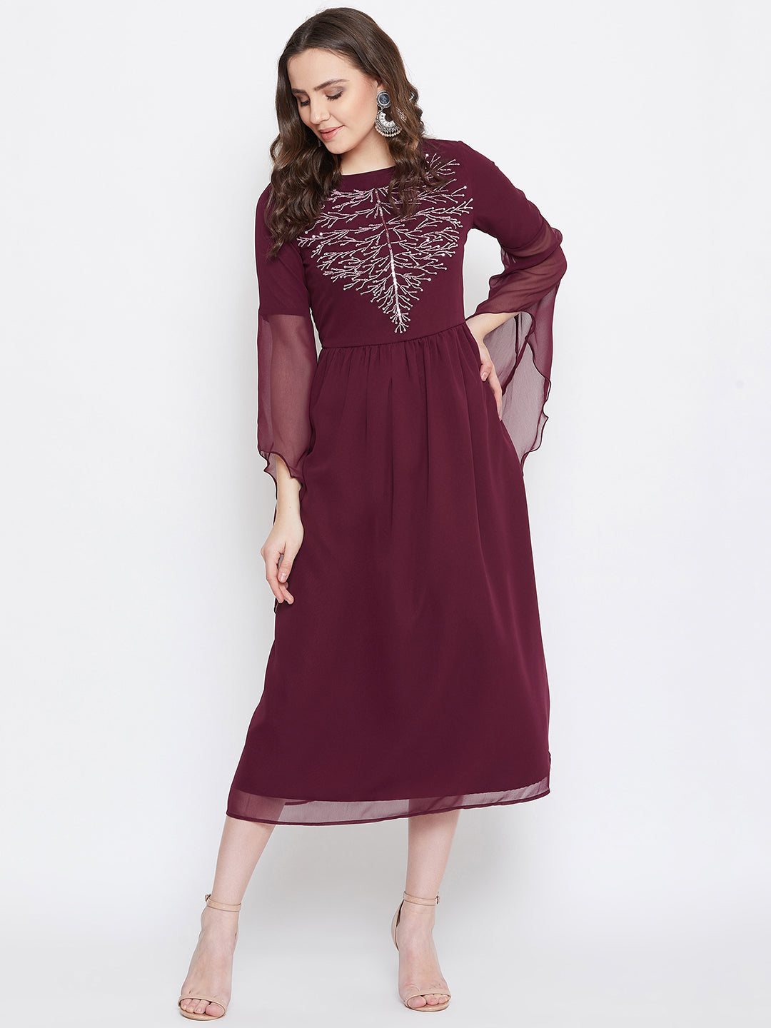 Burgundy Hand Sequinned Flared Dress (Sku-BLJM20220).