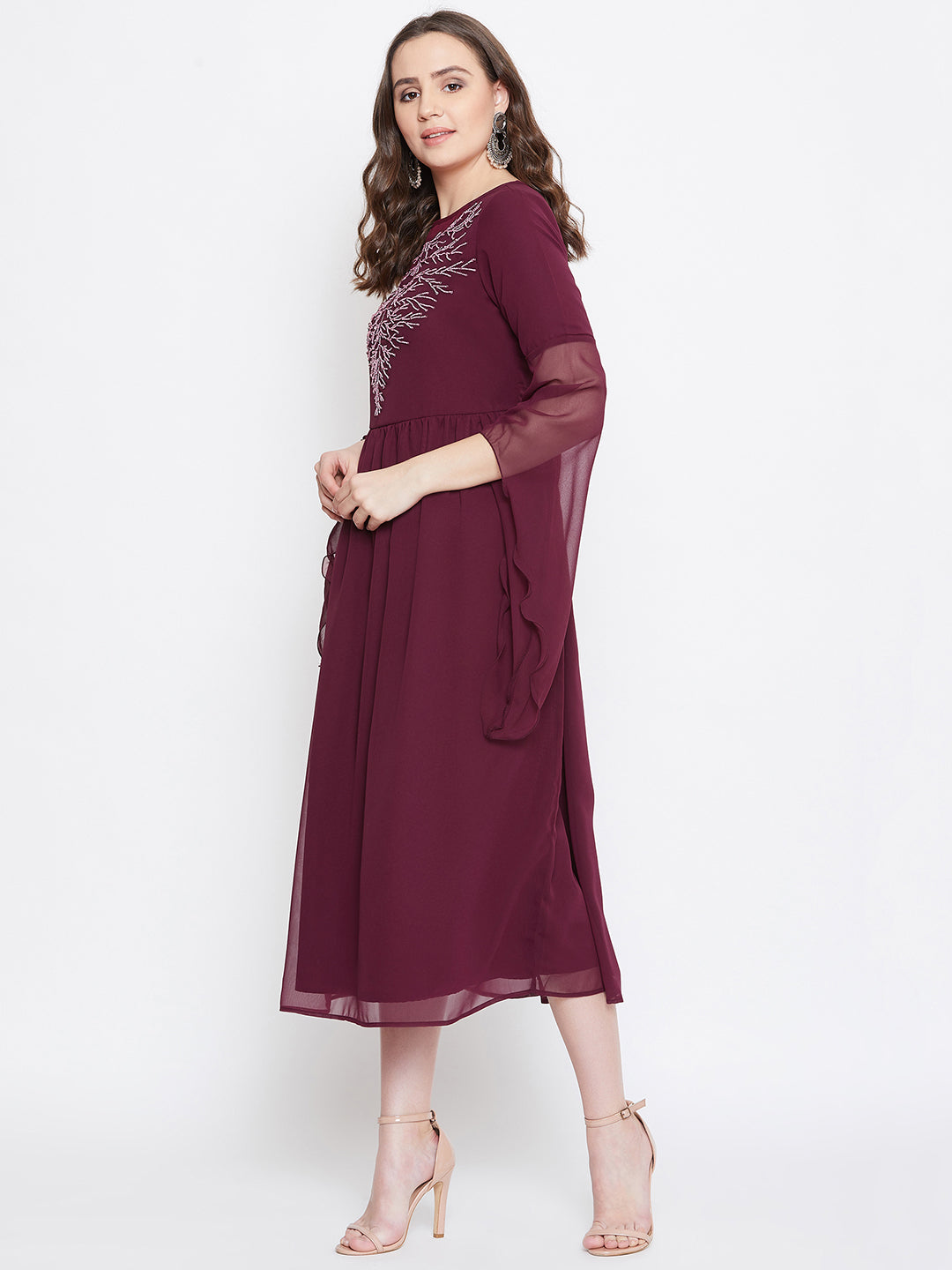 Burgundy Hand Sequinned Flared Dress (Sku-BLJM20220).