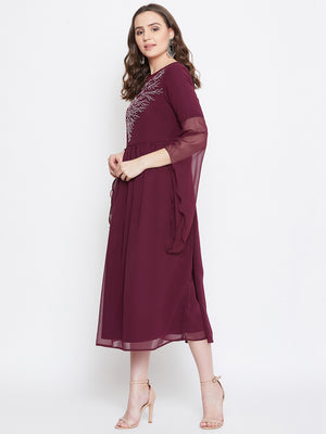 Burgundy Hand Sequinned Flared Dress (Sku-BLJM20220).