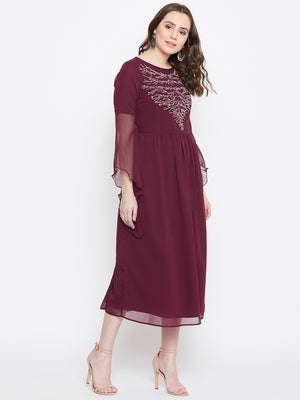 Burgundy Hand Sequinned Flared Dress (Sku-BLJM20220).