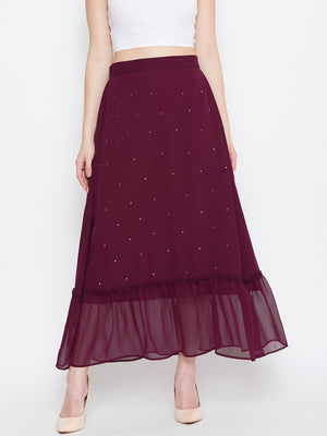 Burgundy Hand Sequinned Gathered Skirt (Sku- BLJM20228).