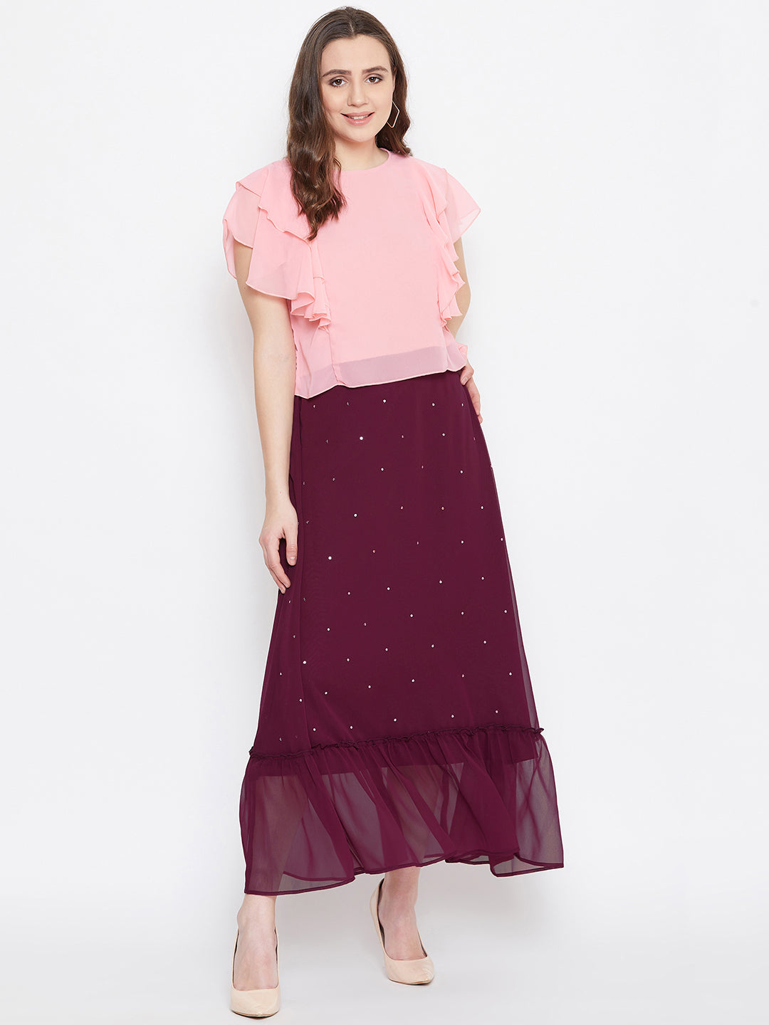 Burgundy Hand Sequinned Gathered Skirt (Sku- BLJM20228).