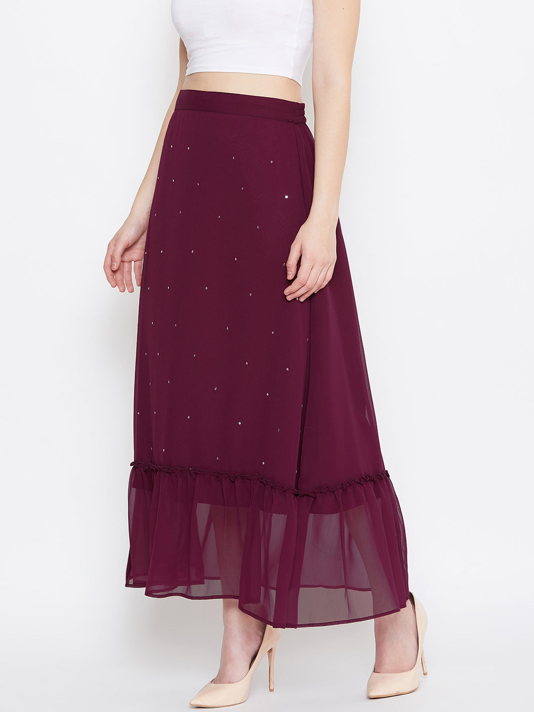 Burgundy Hand Sequinned Gathered Skirt (Sku- BLJM20228).