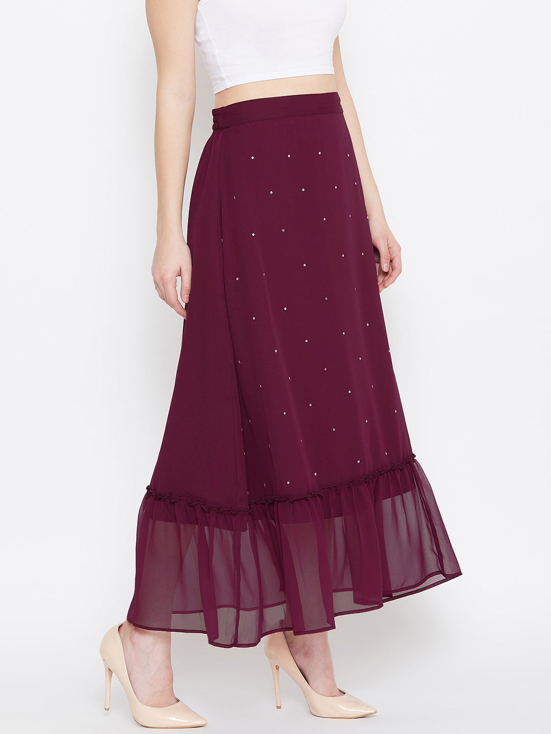 Burgundy Hand Sequinned Gathered Skirt (Sku- BLJM20228).