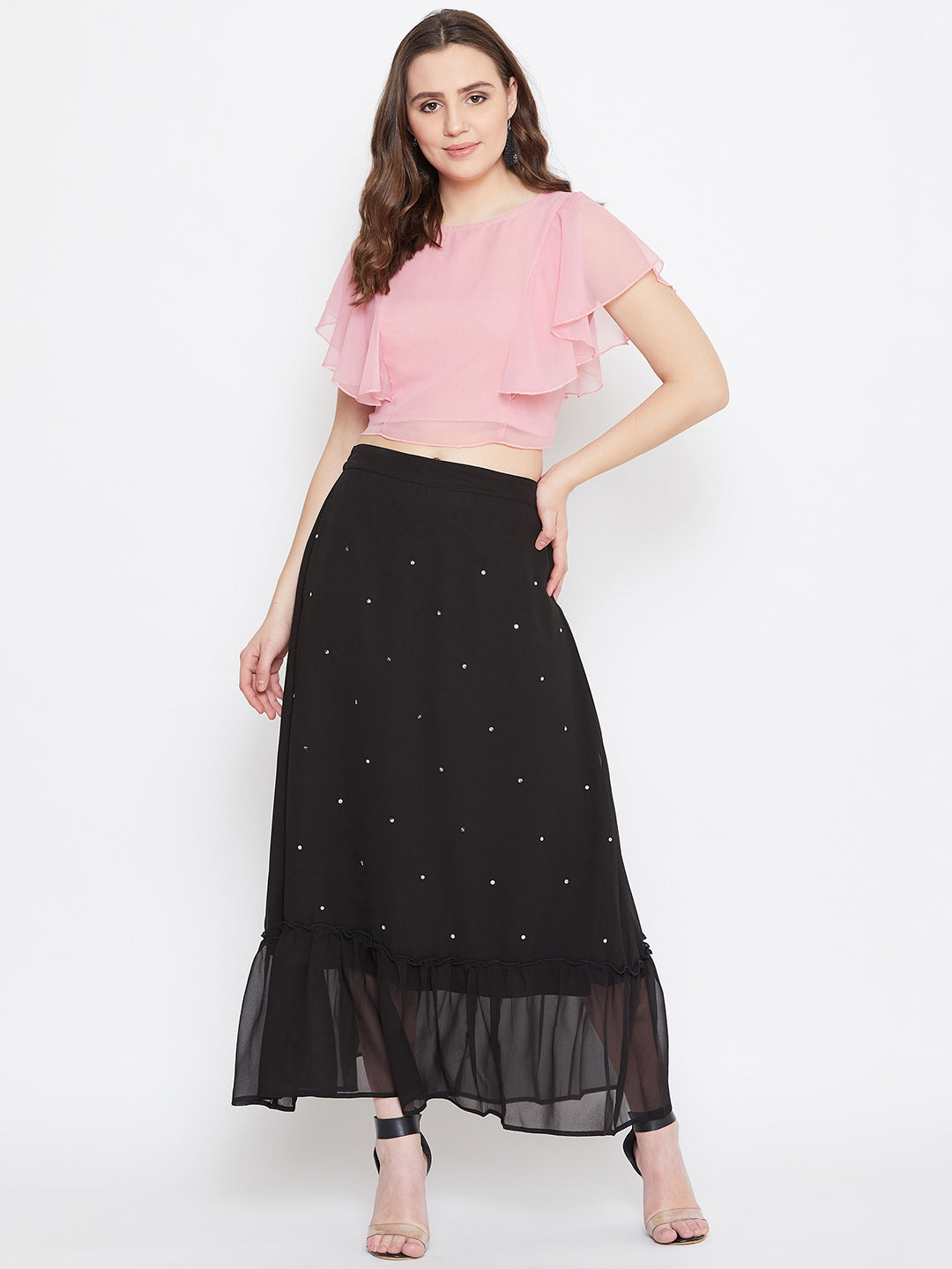 Black Hand Sequinned Gathered Skirt (Sku- BLJM20229).