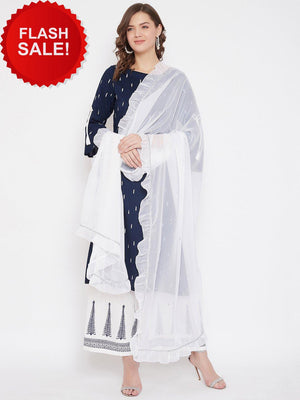 Off White Georgette Hand Sequinned Ruffled Dupatta Dupatta (SKU- BLJM21SP36).