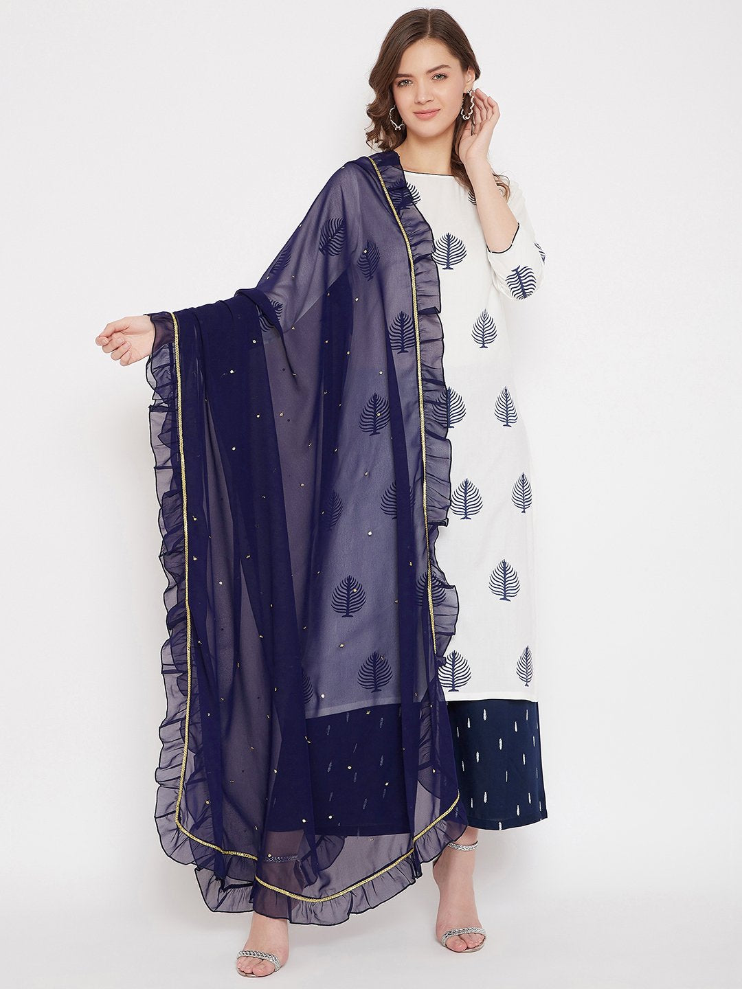 Navy Blue Hand Sequinned Ruffled Dupatta (Sku-BLJM21SP40).