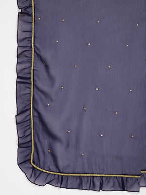 Navy Blue Hand Sequinned Ruffled Dupatta (Sku-BLJM21SP40).