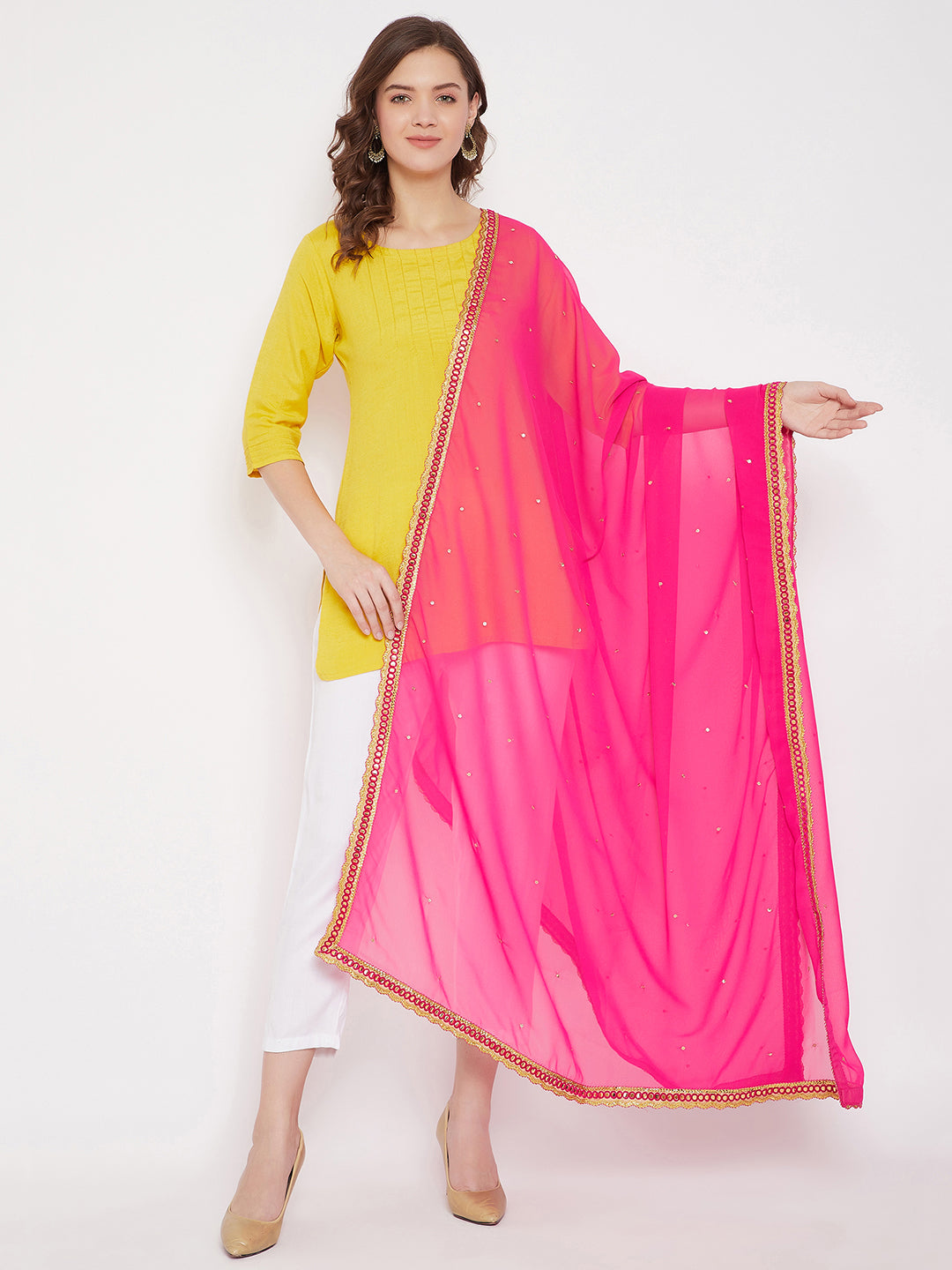 Women Pink Georgette Solid Dupatta.