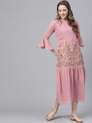 Peach Georgette Embroidered Gathered Dress (Sku-BLJM8809).