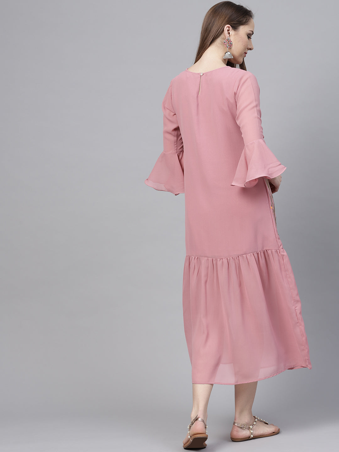 Peach Georgette Embroidered Gathered Dress (Sku-BLJM8809).