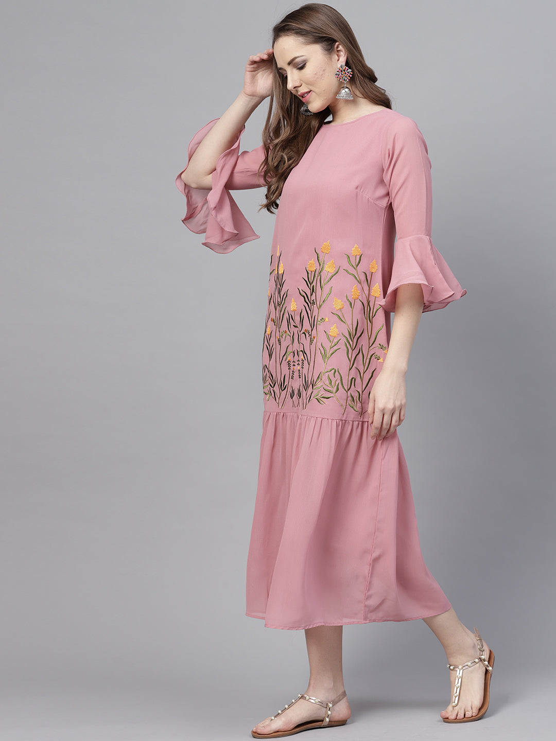 Peach Georgette Embroidered Gathered Dress (Sku-BLJM8809).