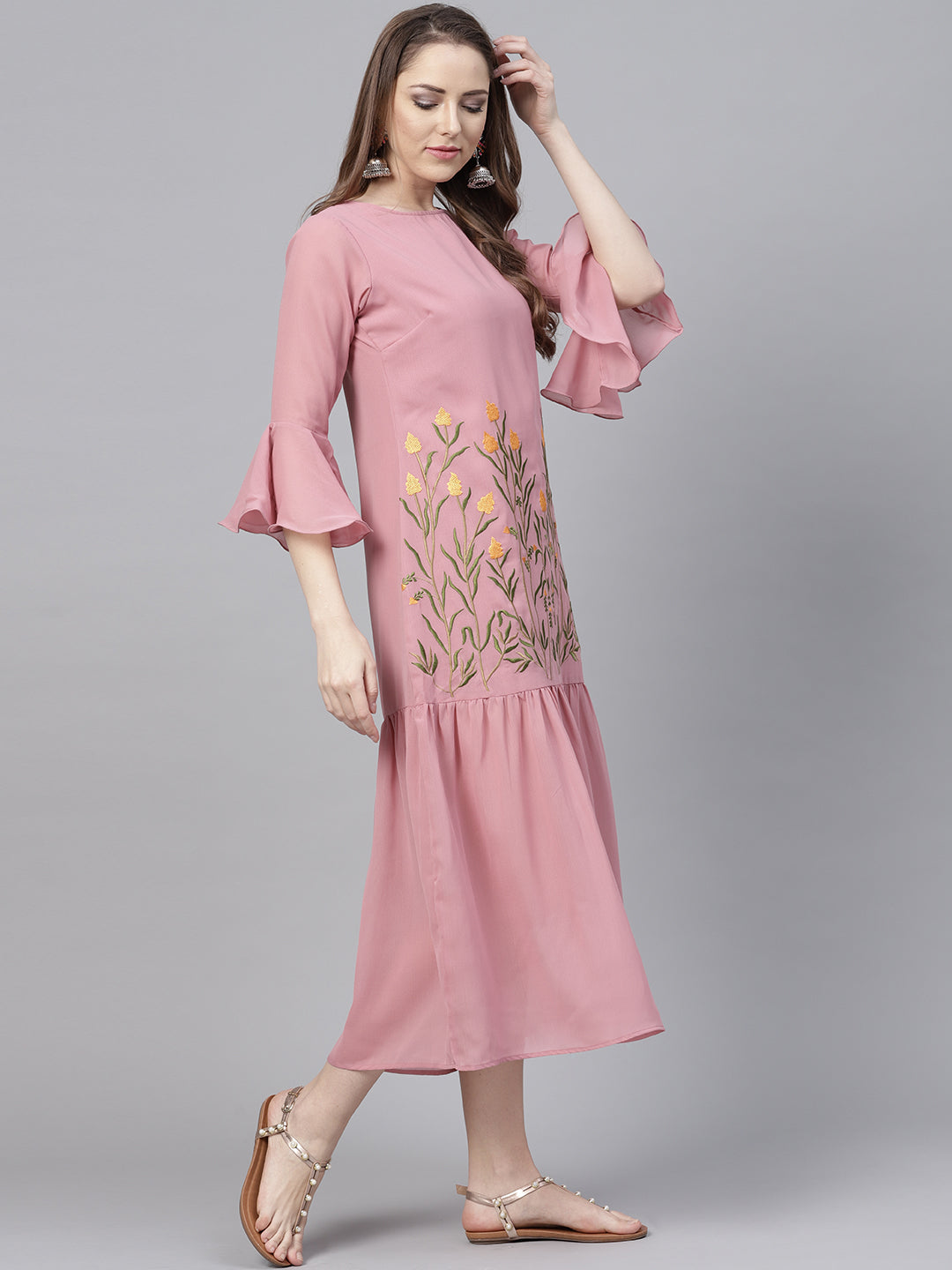 Peach Georgette Embroidered Gathered Dress (Sku-BLJM8809).