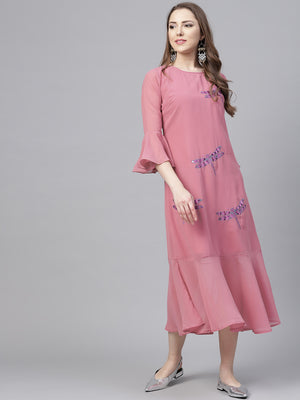 Pink Georgette Embroidered and Hand Sequinced Ruffle Dress (Sku- BLJM8811).