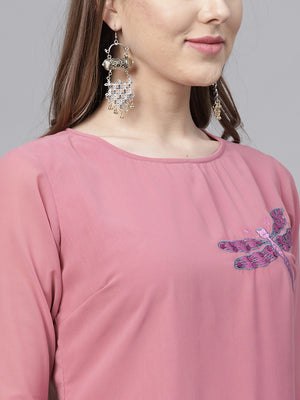 Pink Georgette Embroidered and Hand Sequinced Ruffle Dress (Sku- BLJM8811).