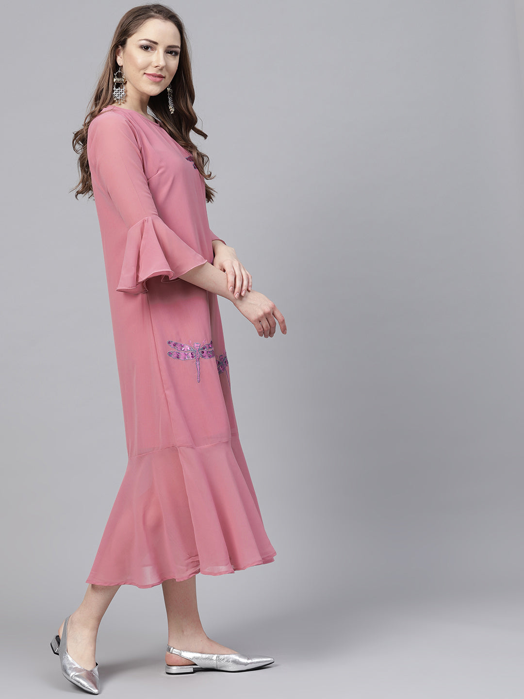 Pink Georgette Embroidered and Hand Sequinced Ruffle Dress (Sku- BLJM8811).