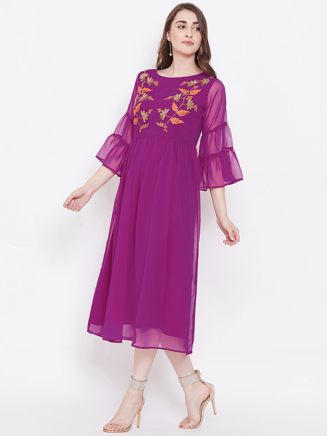 Flower Embellished Gather Dress(Sku-BLJM9920).