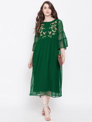 Green Hand Sequinced Gather Dress( Sku- BLJM9921).