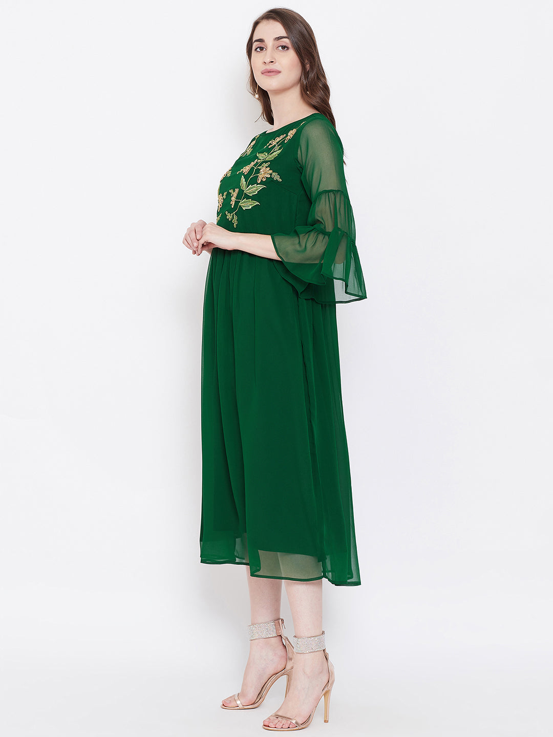 Green Hand Sequinced Gather Dress( Sku- BLJM9921).