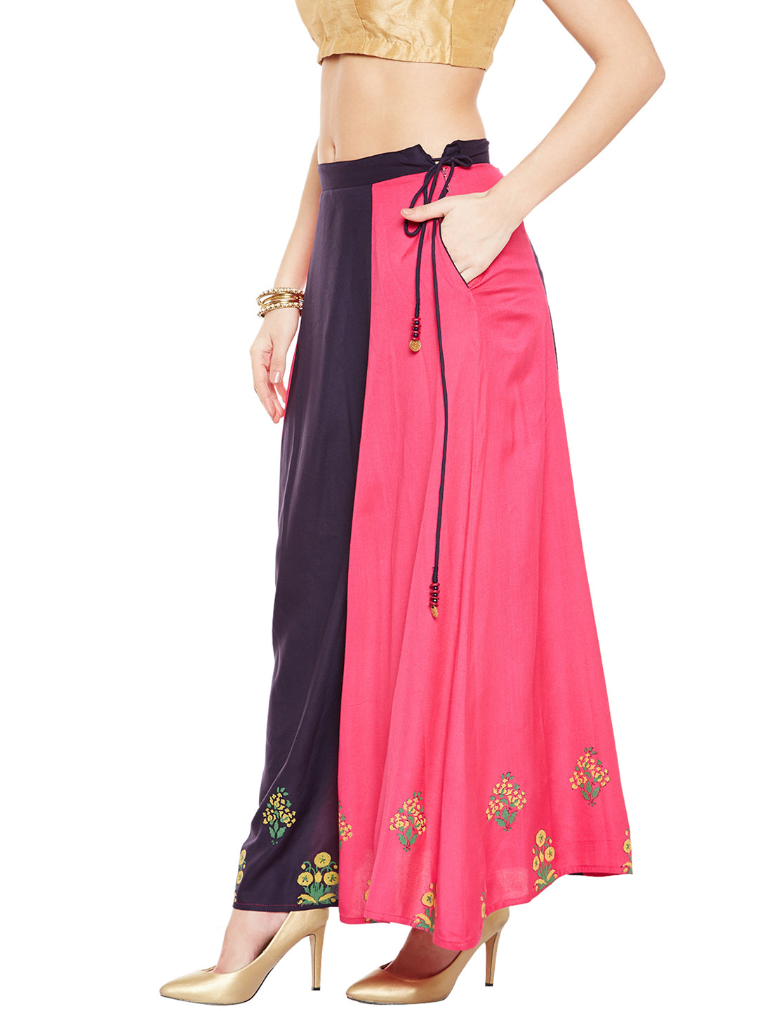 Navy Blue & Pink Block Print A-Line Skirt.