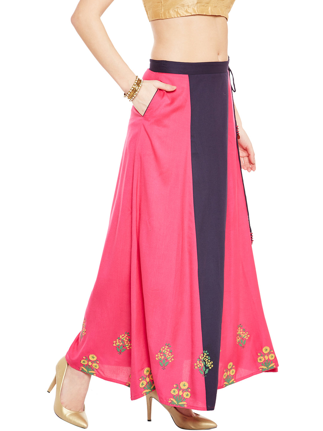 Navy Blue & Pink Block Print A-Line Skirt.