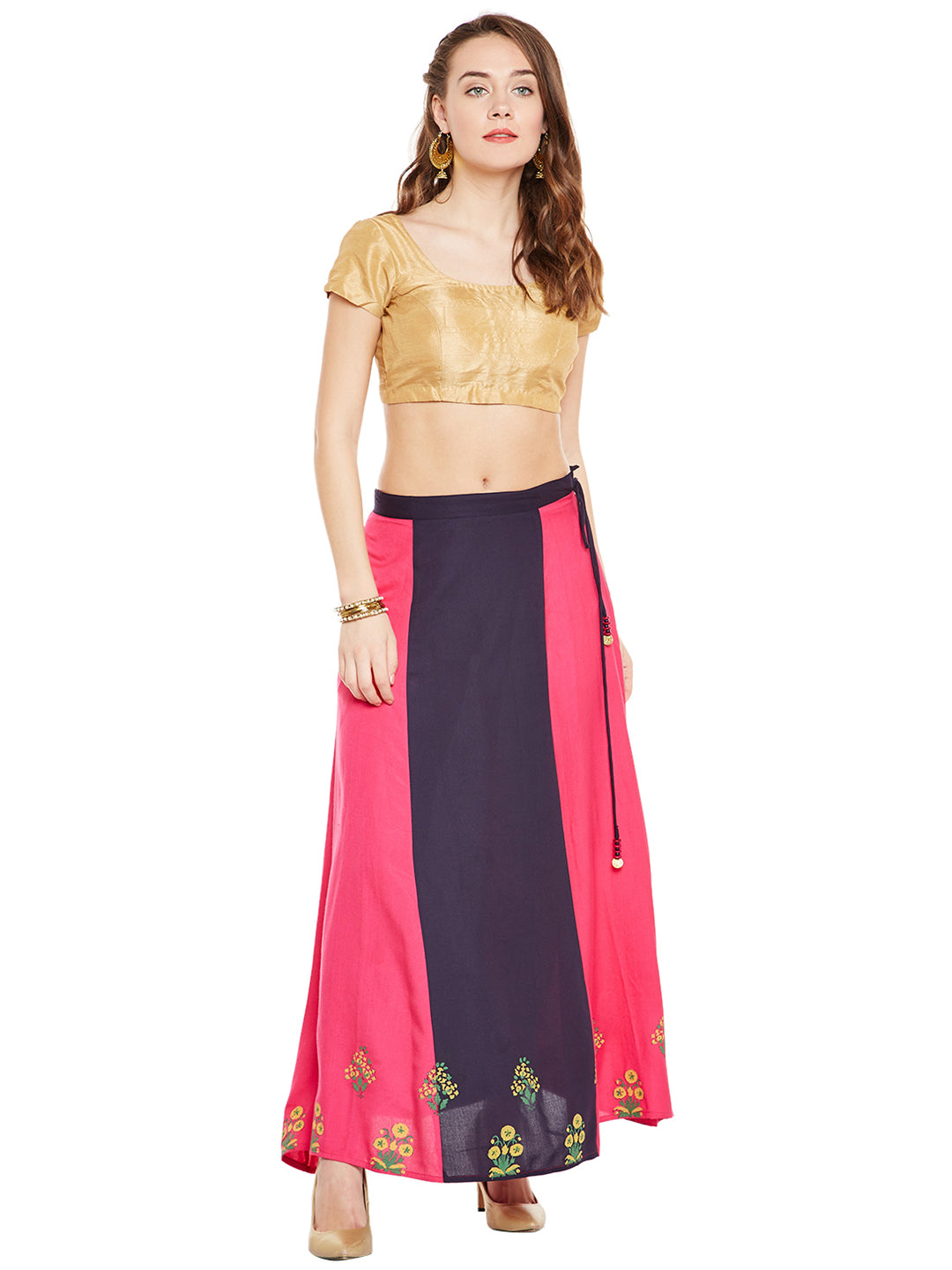 Navy Blue & Pink Block Print A-Line Skirt.