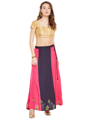 Navy Blue & Pink Block Print A-Line Skirt.