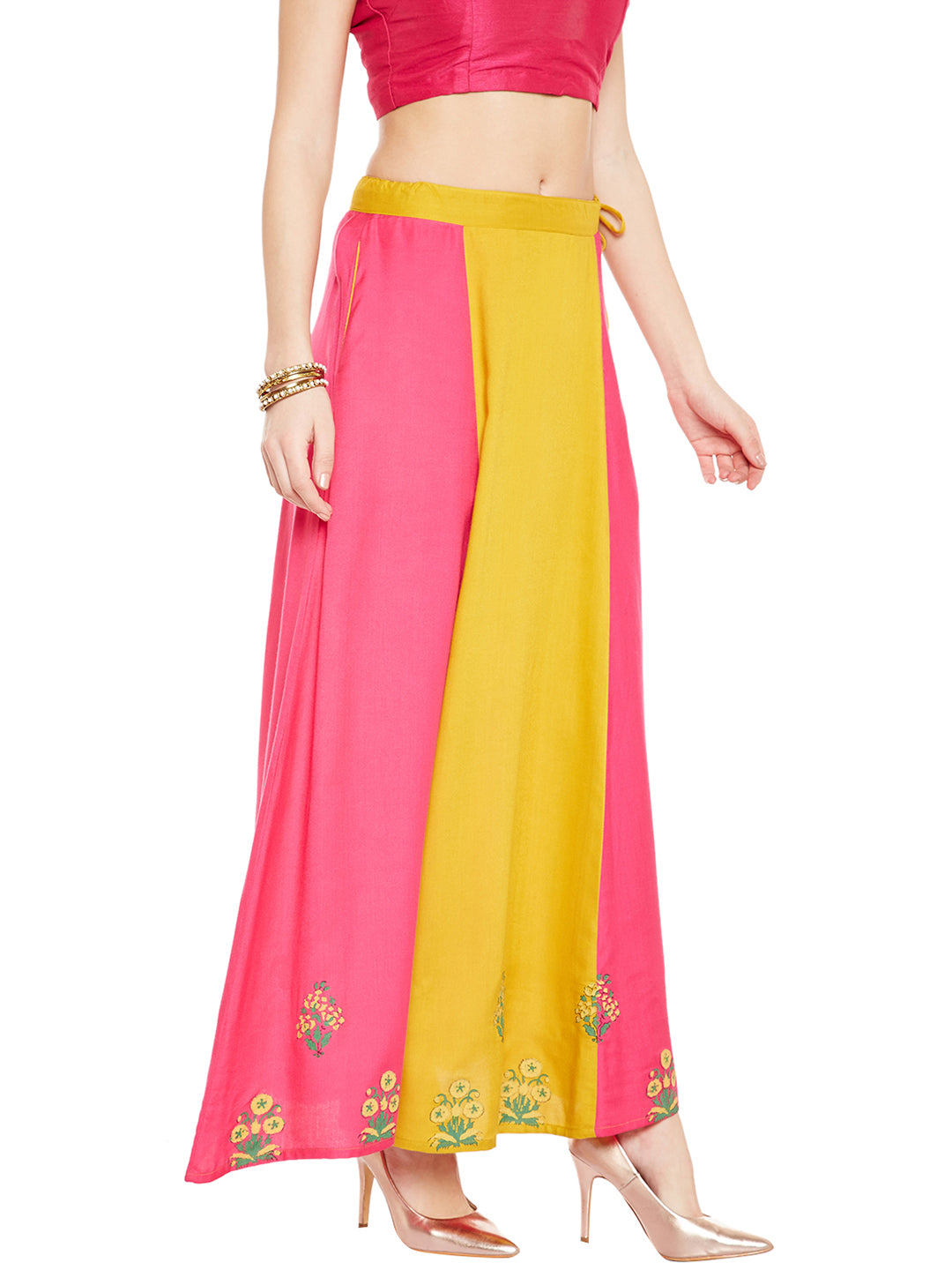 Mustard Yellow & Pink Block Print Skirt.