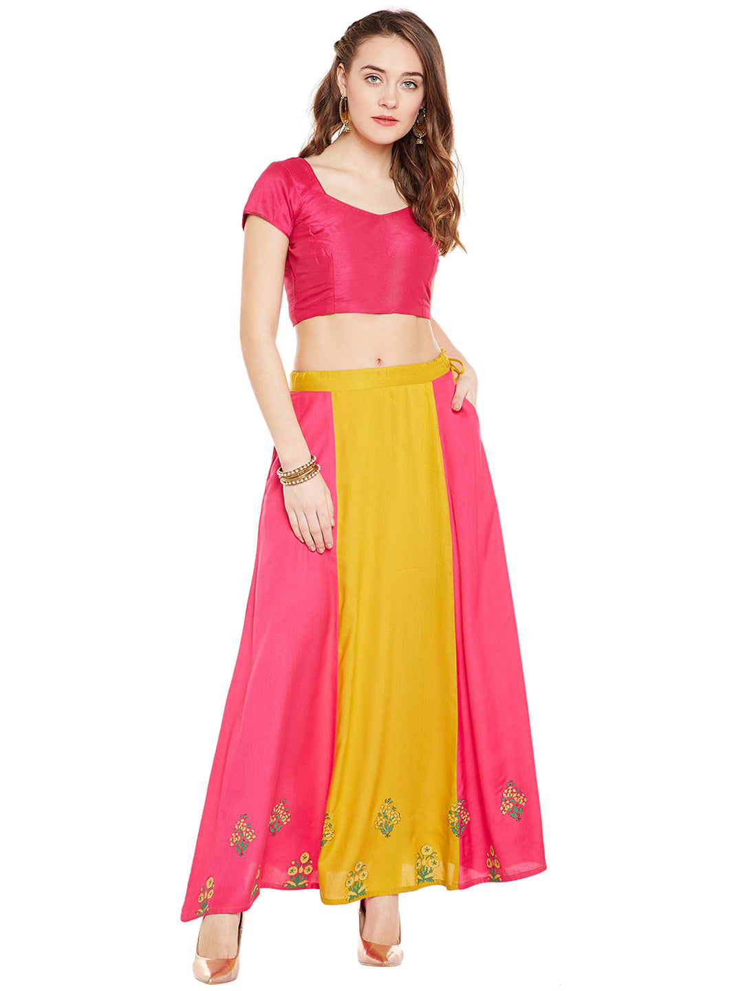 Mustard Yellow & Pink Block Print Skirt.