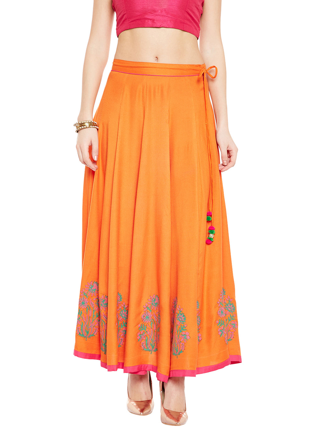 Orange Block Print Kalidar Skirt (Sku-BLMD12768).