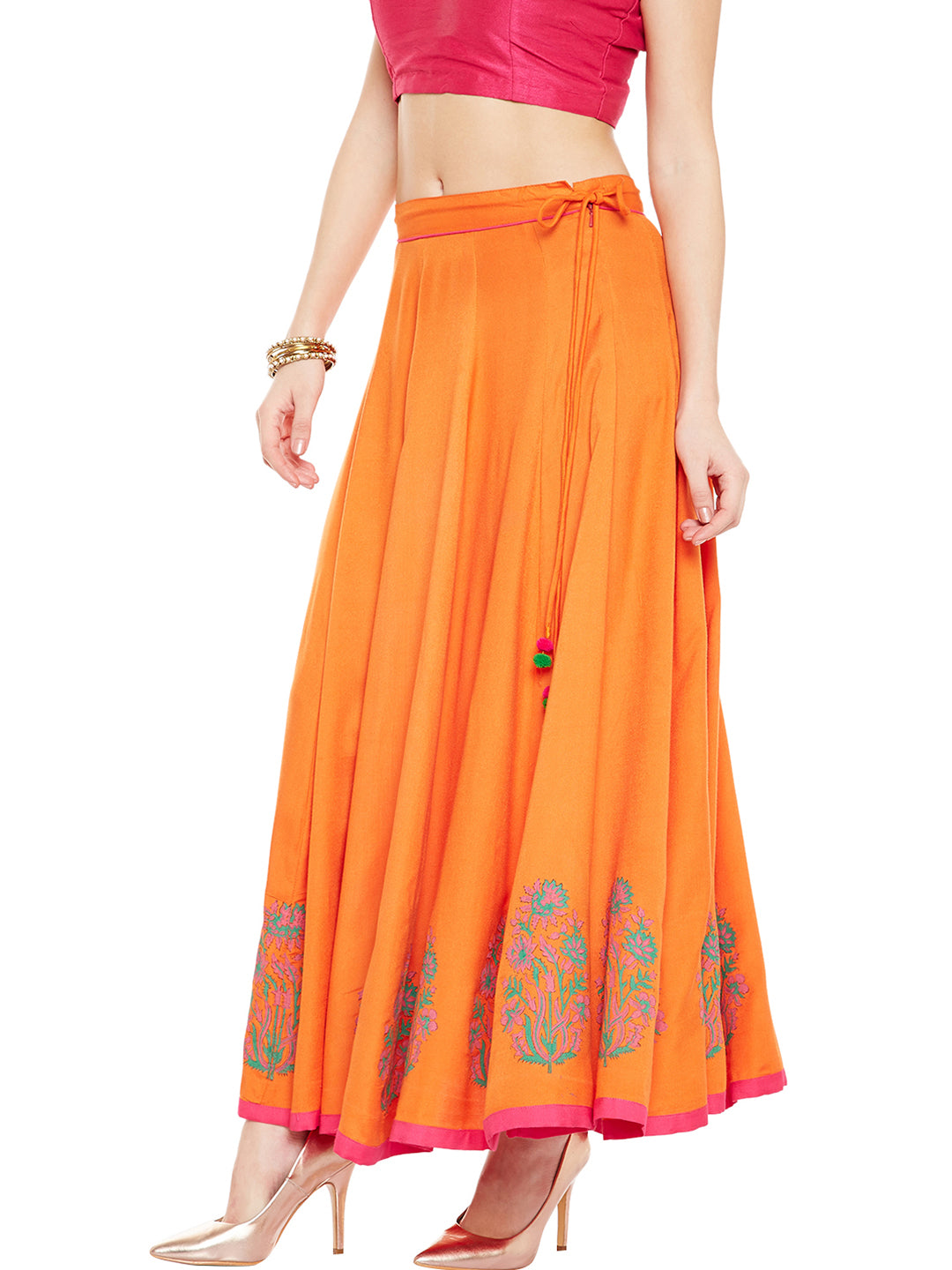Orange Block Print Kalidar Skirt (Sku-BLMD12768).