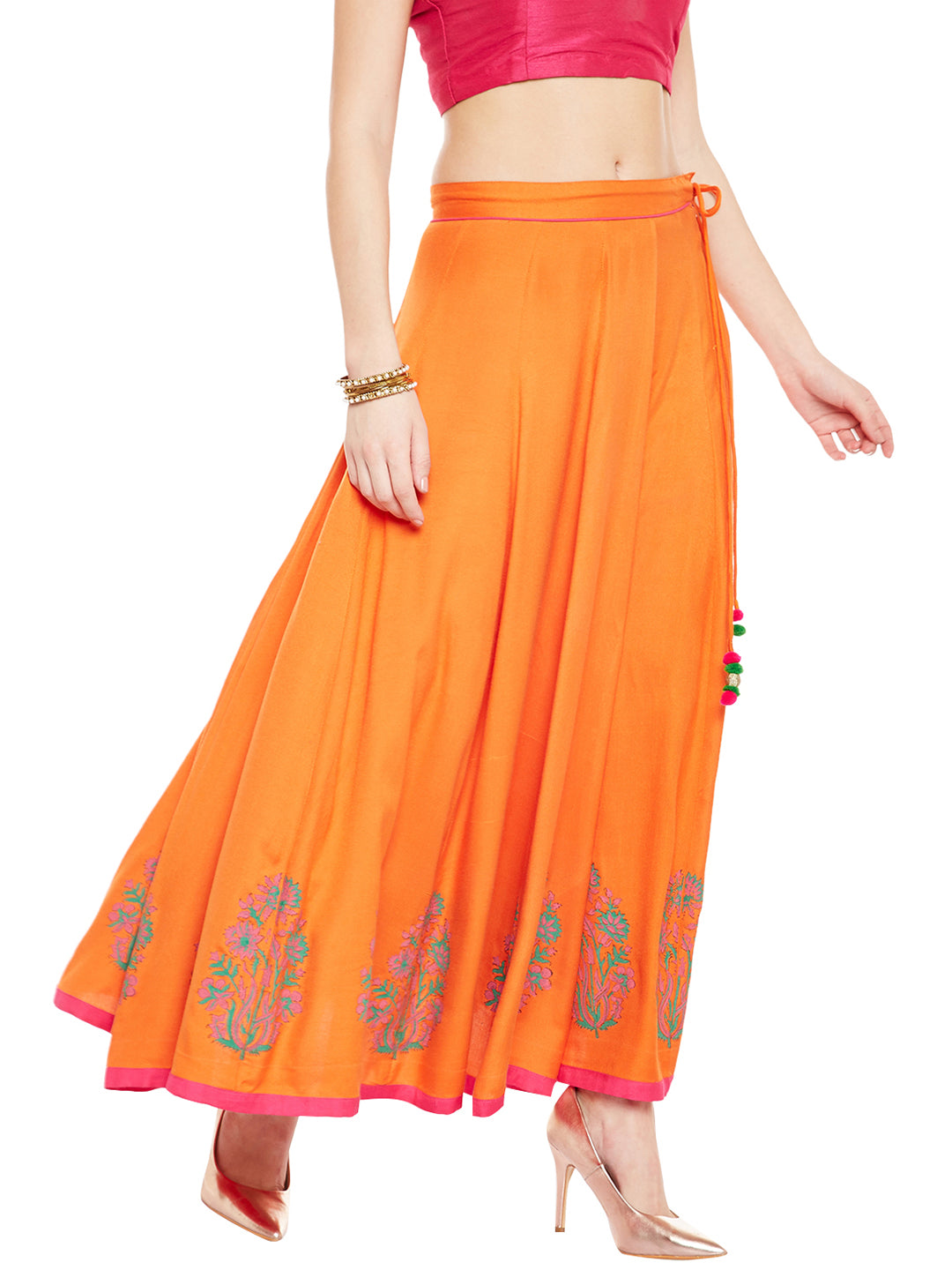 Orange Block Print Kalidar Skirt (Sku-BLMD12768).