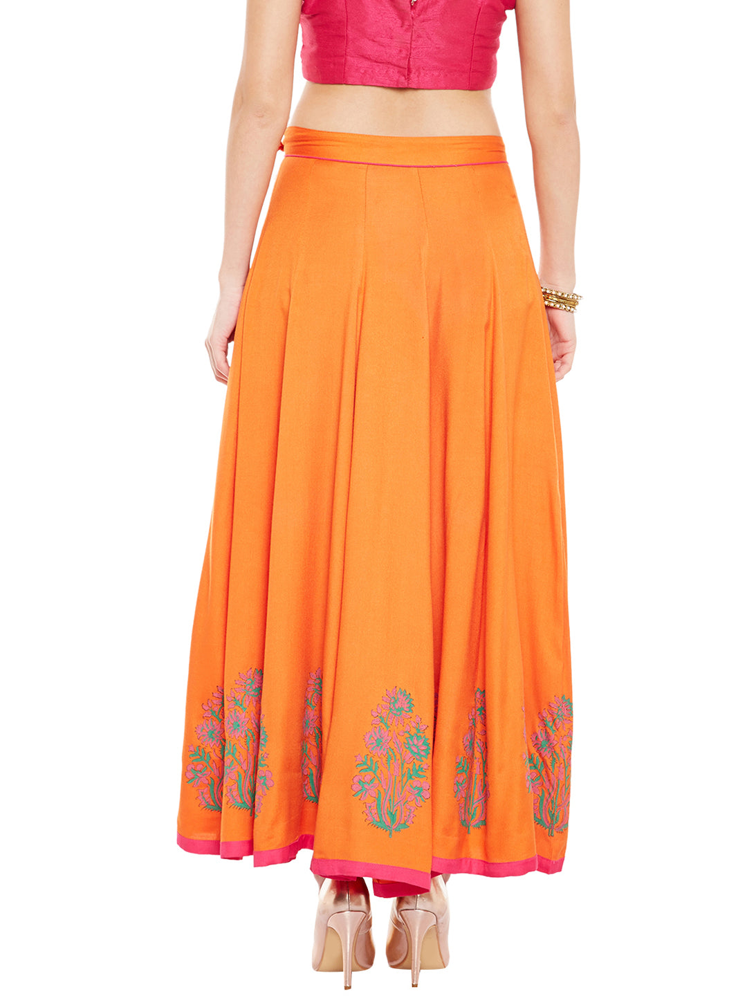 Orange Block Print Kalidar Skirt (Sku-BLMD12768).
