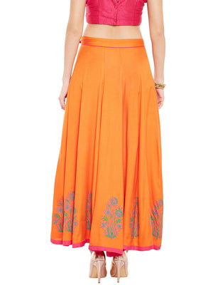Orange Block Print Kalidar Skirt (Sku-BLMD12768).