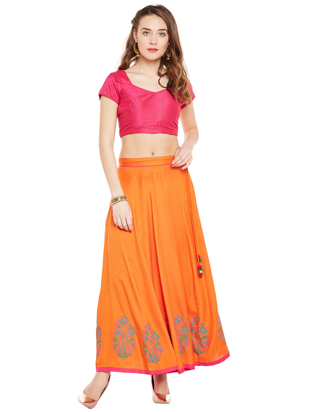 Orange Block Print Kalidar Skirt (Sku-BLMD12768).