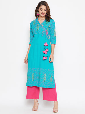 Angrakha Block Printed Kurta Palazzo Set (Sku- BLMD12937).