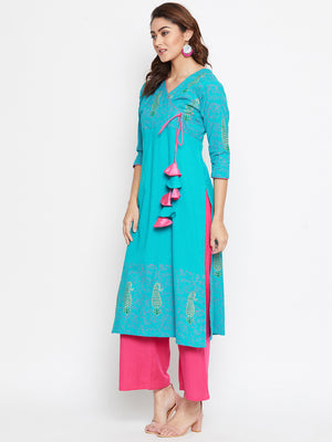 Angrakha Block Printed Kurta Palazzo Set (Sku- BLMD12937).