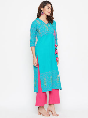 Angrakha Block Printed Kurta Palazzo Set (Sku- BLMD12937).