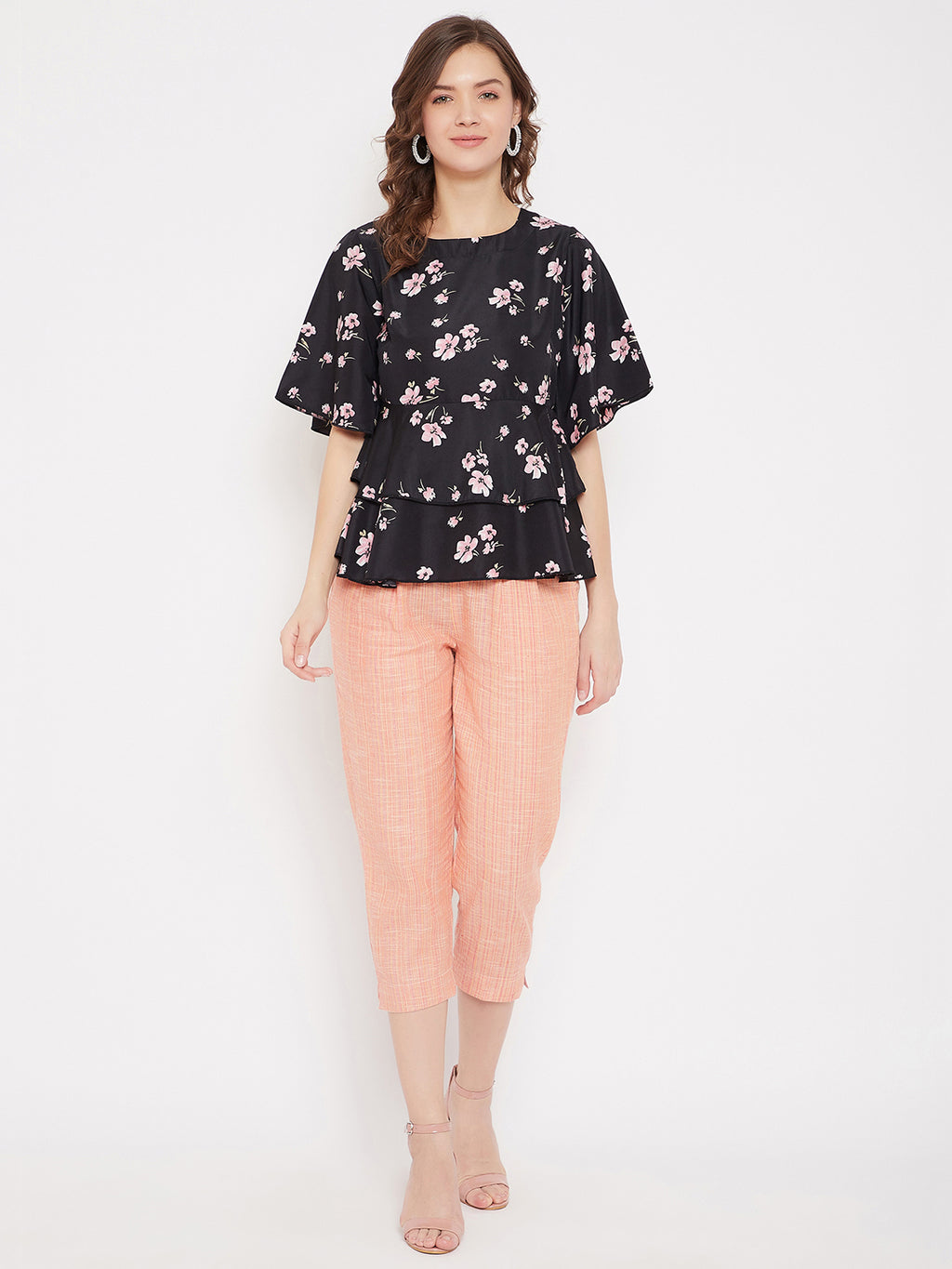 Black Floral Peplum Top and Pink Trouser Set (Sku- BLMD21SP09).