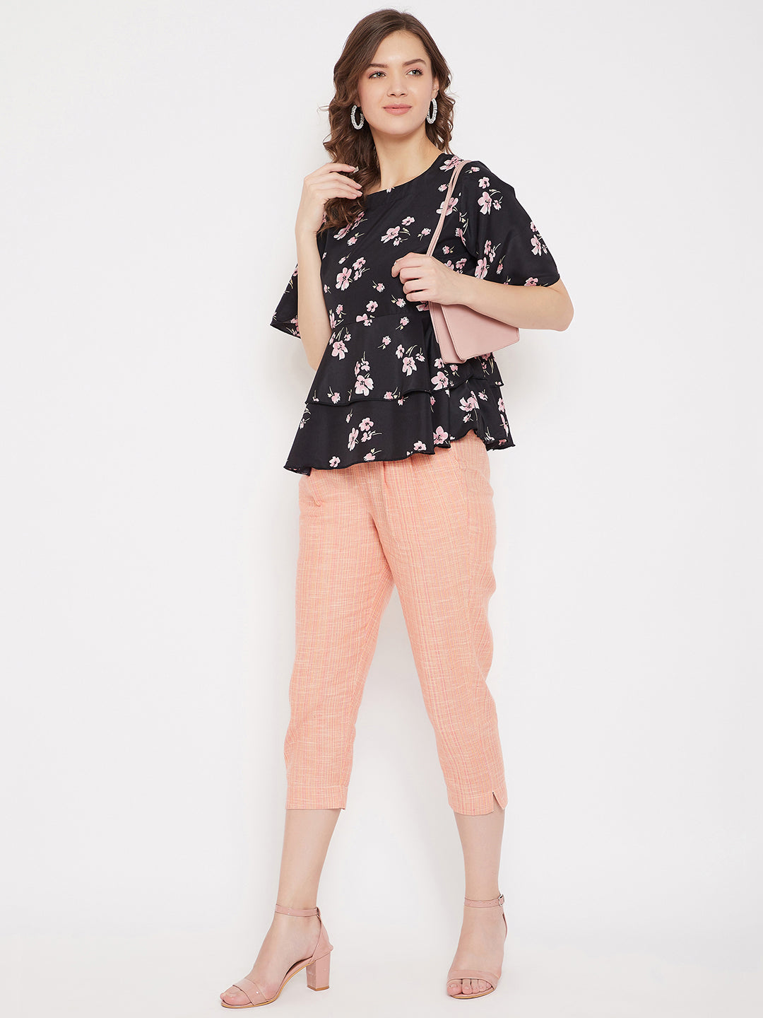 Black Floral Peplum Top and Pink Trouser Set (Sku- BLMD21SP09).