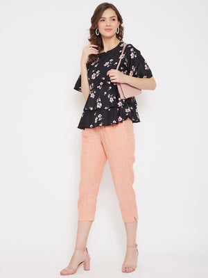 Black Floral Peplum Top and Pink Trouser Set (Sku- BLMD21SP09).