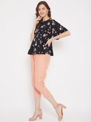 Black Floral Peplum Top and Pink Trouser Set (Sku- BLMD21SP09).