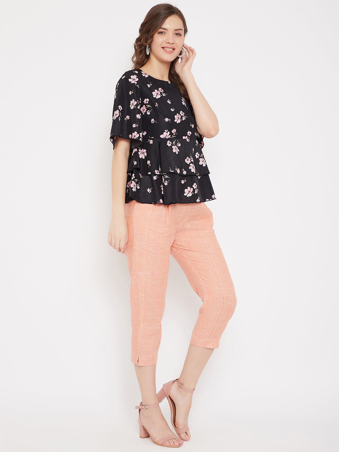 Black Floral Peplum Top and Pink Trouser Set (Sku- BLMD21SP09).