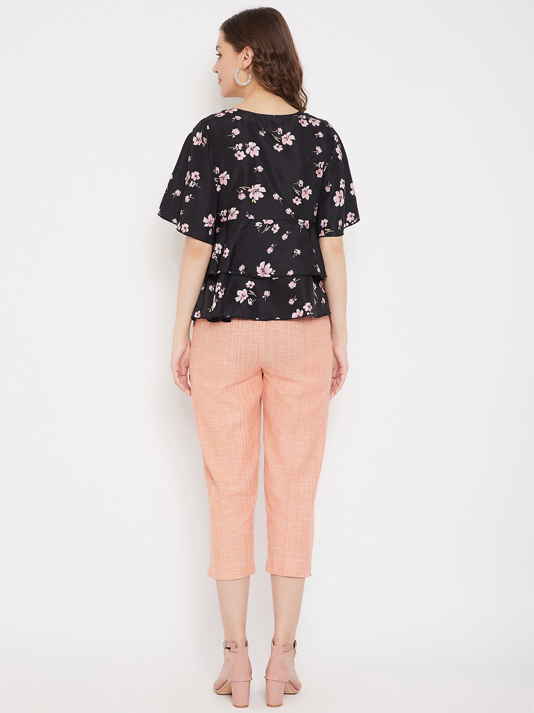 Black Floral Peplum Top and Pink Trouser Set (Sku- BLMD21SP09).