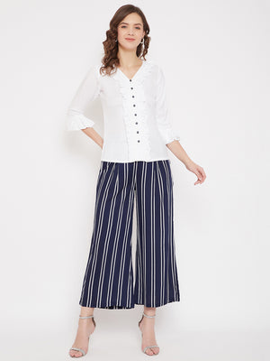 White Ruffled Top & Blue Stripe Palazzo Set (Sku-BLMD21SP12).