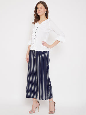 White Ruffled Top & Blue Stripe Palazzo Set (Sku-BLMD21SP12).