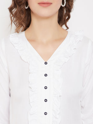 White Ruffled Top & Blue Stripe Palazzo Set (Sku-BLMD21SP12).