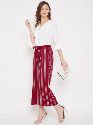 White Ruffled Top & Maroon Stripe Palazzo Set (Sku- BLMD21SP14).